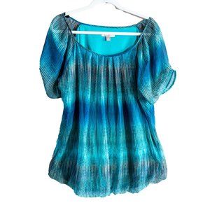 Roz & Ali (Dressbarn) Women's 2X Blue Green Striped Lined Short Sleeve Top